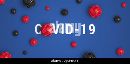 Inschrift COVID-19 auf blauem Hintergrund mit rotem und schwarzem abstraktem Virusstammmodell. Verbreitung des Coronavirus Covid-19 in der ganzen Welt, Banner, flach liegend, Stockfoto