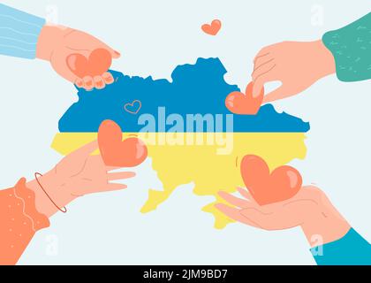 Menschliche Hände geben der Landkarte der Ukraine Herzen. Fundraising von Menschen für Flüchtlinge, Hilfe der ukrainischen Armee flache Vektor-Illustration. Wohltätigkeitskonzept für Stock Vektor