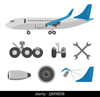 Flugzeug und verschiedene Teile flache Vektor-Illustrationen gesetzt. Flugzeugfabrik, Jet, Schraubenschlüssel, Räder, Motor für Flugzeugreparatur oder Flughafen. Maintenance Stock Vektor