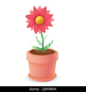 3D Cartoon-Stil Blume im Topf Symbol auf weißem Hintergrund. Realistische Pflanze im Topf mit Blättern flache Vektor-Illustration. Gartenarbeit, Natur, Laub, wachsen Stock Vektor