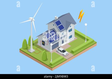 Isometrische grüne Energiewirtschaft. Smart City mit Windturbinen, Sonnenkollektoren, Tankcontainern und Batterie. Nachhaltige erneuerbare Energien Windenergieanlagen Stock Vektor