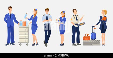 Flugzeug oder Flugpersonal Cartoon Illustration Set. Stewardess, Steward, Pilot, männliche und weibliche Flugbegleiterin in Uniform, Passagier geht durch ein Stock Vektor