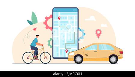 Mann auf Fahrrad-Tracking-Route auf dem Bildschirm des Smartphones. Person, die die mobile App mit interaktiver Karte, Ort für Sport, Reisen und Lieferung flach vec Stock Vektor