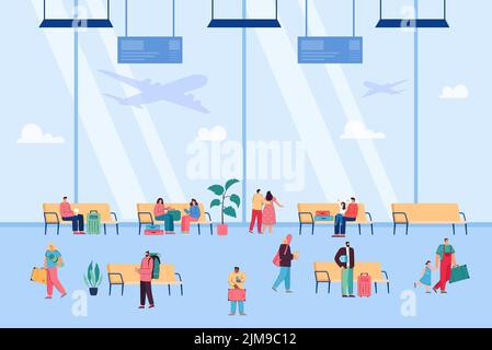 Innenraum des Flughafens mit Passagieren, die auf den Flug warten. Figuren sitzen auf Sitzen im Flughafen, Flugzeuge fliegen vor dem Fenster flache Vektorgrafik Stock Vektor