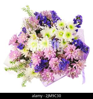 Bouquet von Gerbera, Nelken und anderen Blumen in blauer Verpackung. Stockfoto