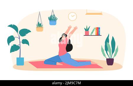 Morgen Hatha Yoga der Frau, die zu Hause auf der Matte sitzt. Weibliche Charakter Stretching in ruhiger Haltung, Mädchen tun gesunde Übungen und Meditation flach vect Stock Vektor