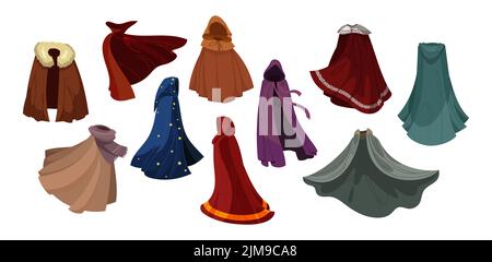 Tarnkappen von magischen Zeichen gesetzt. Vektor-Illustrationen von Kleidung fliegen auf Wind. Cartoon Dracula Umhang, Superhelden Umhang mit Kapuze und Mantel des Königs iso Stock Vektor