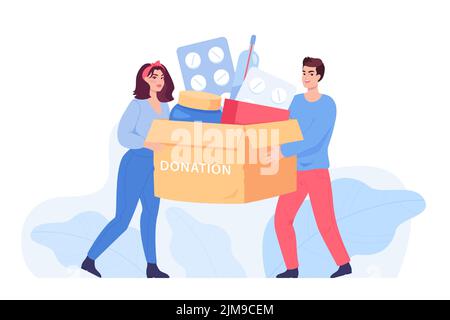 Menschen halten wohltätige Medizin Box flache Vektor-Illustration. Spende für Flüchtlinge, humanitäre Hilfe, Unterstützung, Liebe, Medikamente, Hilfe, Apotheke, assi Stock Vektor
