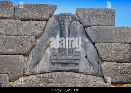 Löwentor - Mykene, archäologische Stätte in der Nähe von Mykines in Argolis, Griechenland Stockfoto