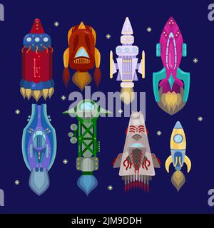 Bunte Raketenschiffe Cartoon Illustration Set. Verschiedene Formen UFO-Raumschiffe, Raumschiffe, futuristische Raketen und Schiffe mit Sternen isoliert auf blau b Stock Vektor