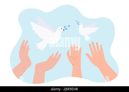 Tauben fliegen mit Olivenzweig von den Händen in den Himmel. Völker Gebet für Frieden und Freiheit flache Vektor-Illustration. Hoffnung, Hilfe, spirituelles Symbol concep Stock Vektor