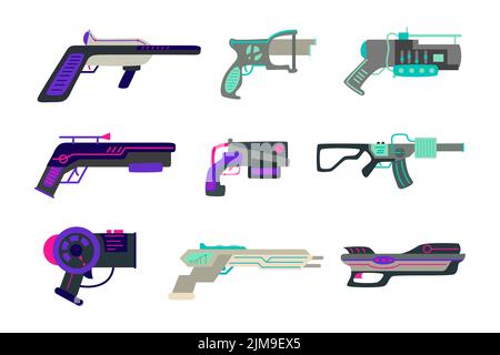 Verschiedene futuristische Waffen Vektor-Illustrationen gesetzt. Spielzeugpistolen, Blaster, Lasergewehre für Kinder isoliert auf weißem Hintergrund. Unterhaltung, SPAC Stock Vektor