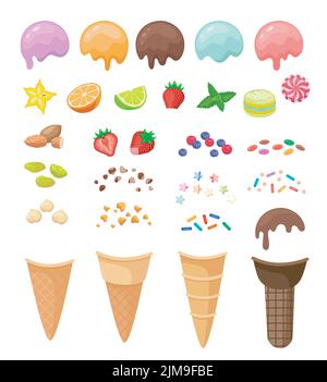 Elemente für die Erstellung Ihres eigenen Eises. Schokolade, Erdbeere, Vanille, Minzschaufeln Eis mit Früchten und Beeren, Keksbrösel, Streuseln c Stock Vektor