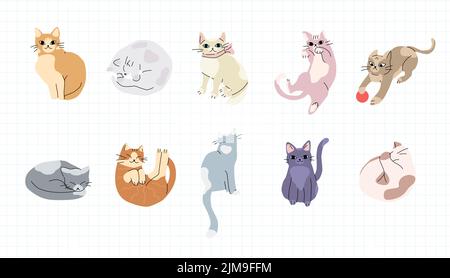 Set von trendigen Katzen zur Dekoration. Spielen, Schlafen, Katzen sitzen. Stock Vektor