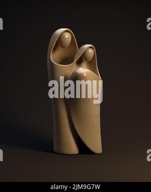 Eine abstrakte stilisierte Holzschnitzerei, die eine christliche weihnachtskrippe mit maria, josef und dem Jesuskind darstellt - 3D Render Stockfoto