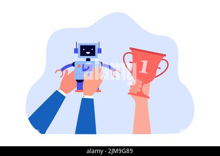 Hände mit niedlichem Robotercharakter und Trophäe. Roboterwettbewerb für Kinder in der Schule oder in der Uni mit Vektorgrafik. Robotik, Technolog Stock Vektor