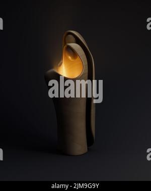 Eine abstrakte stilisierte Holzschnitzerei, die eine christliche weihnachtskrippe mit maria, josef und dem Jesuskind als erhellendes Licht darstellt - 3D r Stockfoto