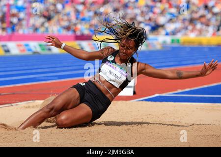 Birmingham, Großbritannien. 05. August 2022. Mariah Toussaint von Dominica tritt am 8/5/2022 im Weitsprung in Birmingham, Großbritannien, auf. (Foto von Conor Molloy/News Images/Sipa USA) Quelle: SIPA USA/Alamy Live News Stockfoto