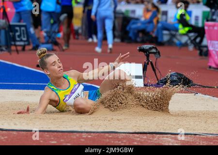 Birmingham, Großbritannien. 05. August 2022. Samantha Dale aus Australien tritt am 8/5/2022 im Weitsprung in Birmingham, Großbritannien, auf. (Foto von Conor Molloy/News Images/Sipa USA) Quelle: SIPA USA/Alamy Live News Stockfoto