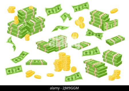 Goldmünzen und Stapel von Geld Cartoon Illustration Set. Haufen Bargeld, Haufen grüner Banknoten oder Dollar, Währung, fliegende Scheine isoliert auf weißem Bac Stock Vektor