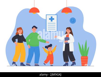 Familie mit Kind Besuch Kinderarzt flache Vektor-Illustration. Mutter und Vater kümmern sich um die Gesundheit von Kindern, im Gespräch mit dem Arzt im Büro. Therapi Stock Vektor