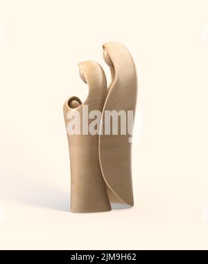 Eine abstrakte stilisierte Holzschnitzerei, die eine christliche weihnachtskrippe mit maria, josef und dem Jesuskind darstellt - 3D Render Stockfoto