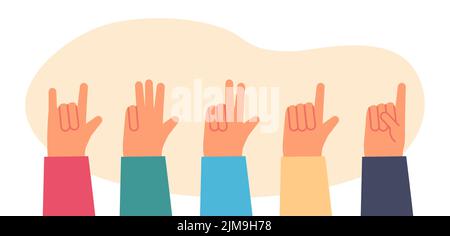 Hände von Personen, die Zahlen von eins bis vier zeigen. Personen, die mit Fingern zählen, Geste der Hand, was Liebe bedeutet, flache Vektorgrafik. Gebärdensprache, ed Stock Vektor