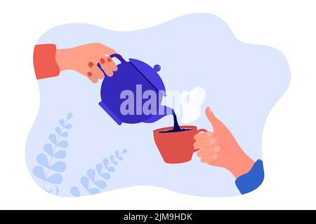 Hand hält Teekannen und gießt heißen Tee in die Tasse. Männliche und weibliche Hände halten Wasserkocher und Becher flache Vektor-Illustration. Kommunikation, Teatime concep Stock Vektor