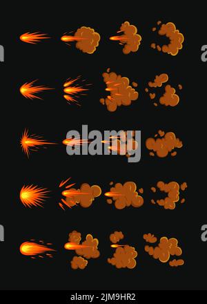 Gunshot Animation auf schwarzem Hintergrund Cartoon Illustration Set. Orange Pistole blinkt mit Feuer und Rauch, explosiver Wirkung oder Schussspuren. Explosion, w Stock Vektor