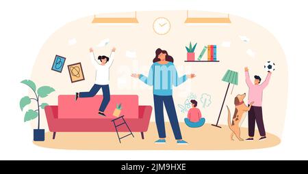 Chaos im Zimmer mit ruhiger Mutter und entzückenden frechen Kindern. Weibliche Person mit schelmischen Kindern flache Vektor-Illustration. Familie, Mutterschaft Konzept Stock Vektor