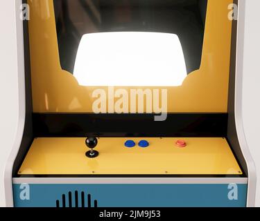 Eine vintage rote unbranded Arcade-Maschine mit Kontrollen und Tasten und einem leeren Bildschirm auf einem isolierten weißen Hintergrund - 3D Render Stockfoto