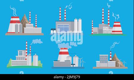 Vektor-Illustrationen-Set für Öl-, Kohle- oder Energiefabriken. Arten von Industriegebäuden oder -Anlagen, Kraftwerke auf blauem Hintergrund isoliert. Industrie, Stock Vektor