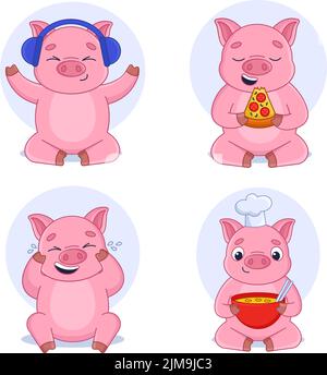 Sammlung von Cartoon-Schwein essen Pizza, Kochen Suppe, lachen und Musik hören auf Kopfhörer Stock Vektor