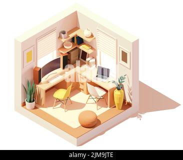 Vector isometrischer Arbeitsplatz im Heimbüro für zwei Personen. Bürotisch und -Stuhl, moderner Breitbild-Computermonitor, Laptop, Bücherregal Stock Vektor