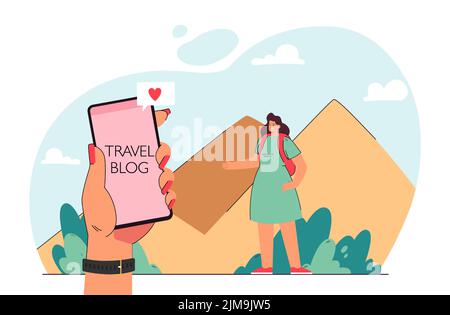 Hand einer Frau mit Telefon und Reise-Blog auf dem Bildschirm. Bloggerin in Ägypten flache Vektor-Illustration. Kommunikation, Social Media, Reiseconce Stock Vektor