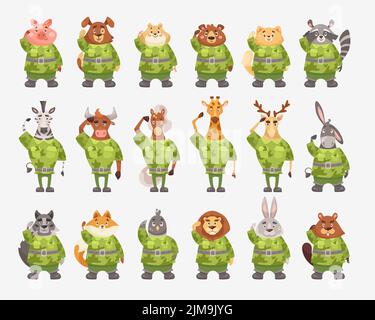 Niedliche Tiersoldaten in Camouflage Cartoon Illustration Set. Ernsthaftes Schwein, Hund, Giraffe, Biber, Bär, zebra, Katze, Löwe in Militäruniform grüsst Stock Vektor