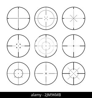 Verschiedene Scharfschützengewehr Visiere, Waffe optischen Scope Fadenkreuz. Sucher für Jagdwaffen. Symbol für das Aufschießzeichen, zielen. Militärisches Zielschild. Spieloberfläche Stock Vektor