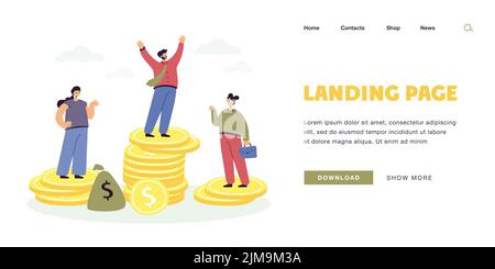Männliche und weibliche Charaktere stehen auf ungleichen Geldstapeln. Flache Vektorgrafik. Geschäftsleute unterschiedlicher Geschlechter erhalten unterschiedliche Gehälter. D Stock Vektor