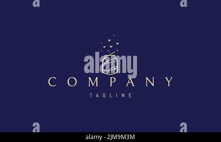 Vektor goldenes Logo, auf dem ein abstraktes Bild eines Glases mit einer Girlande, aus der Schmetterlinge fliegen. Stock Vektor