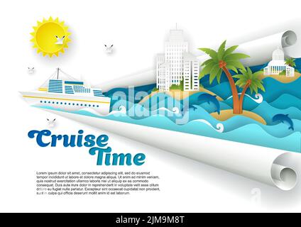 Banner-Vorlage für das Poster „Cruise Time“. Vector Papier geschnitten Kreuzfahrt-Liner schwimmt auf Meereswellen, Delfine, Möwen, Inseln mit touristischen Resort-Gebäude p Stock Vektor