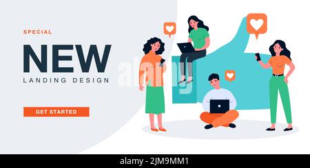 Personen, die ein elektronisches Gerät haben und Fotos, Beiträge und Kommentare mit „Gefällt mir“ markieren. Moderne Zeichen scrollende Netzwerke flache Vektor-Illustration. Social Media Co Stock Vektor