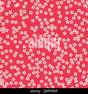 Florales Nahtloses Muster mit niedlichen kleinen weißen Blüten auf rotem Hintergrund. Blümchendruck für Stoff, Textil, Babykleidung, Bettwäsche Stock Vektor
