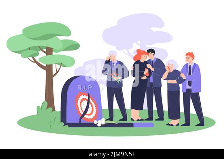 Traurige Familie in trauernden Kleidern weinte in der Nähe von Grabstein. Cartoon Menschen stehen neben Grabstein in Friedhof flache Vektor-Illustration. Beerdigung, Tod Stock Vektor