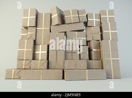 Eine gestapelte Wand aus rechteckigen Geschenkschachteln unterschiedlicher Größe, eingewickelt in festliche Geschenkverpackung und einem goldenen Band auf einem isolierten Studiohintergrund - 3D Render Stockfoto