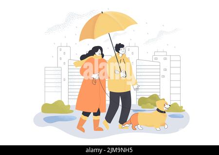 Mann und Frau gehen Hund in Regenguss. Wolkiger Tag, Menschen im Park mit Welpen beim Regen, Gebäude der Stadt im Hintergrund flache Vektor illustrationo Stock Vektor