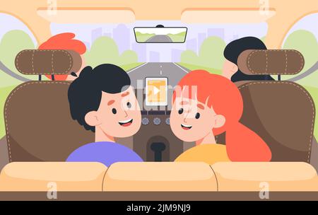 Kinder sitzen auf Rücksitzen des Autos flache Vektor-Illustration. Junge und Mädchen gehen auf Autotour oder Reise mit den Eltern. Familie verbringt Urlaub zusammen. Stock Vektor