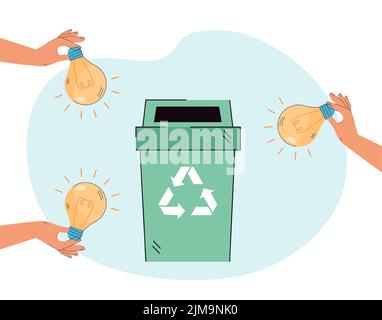 Illustration für flache Vektorgrafiken von Glühbirnen zum Recycling. Müllcontainer mit Händen, die Glühbirnen halten, umgeben. Ökologie, Energiekonzept für Banner, Websi Stock Vektor