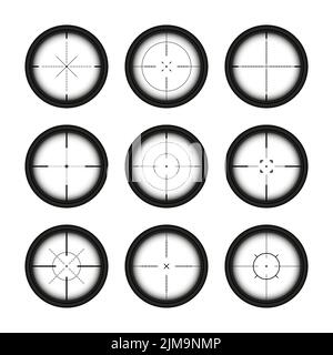 Verschiedene Waffenvisiere, Scharfschützengewehr optische Scopes. Jagdgewehr-Sucher mit Fadenkreuz. Ziel, schießen Marke Symbol. Militärisches Zielzeichen, Silhouette Stock Vektor