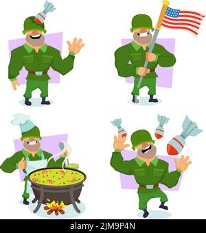 Set von lustigen Cartoon-Soldaten Kochen auf Lagerfeuer halten USA Flagge, immer in den Kopf geschossen Stock Vektor