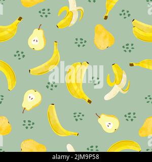 Nahtloses Aquarell-Fruchtmuster mit Birnen und Bananen. Vektor gelbe Früchte Hintergrund. Stock Vektor